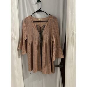 Easel Brown Eyelet Embroidered Tie Neck Babydoll Tunic Top Sz S